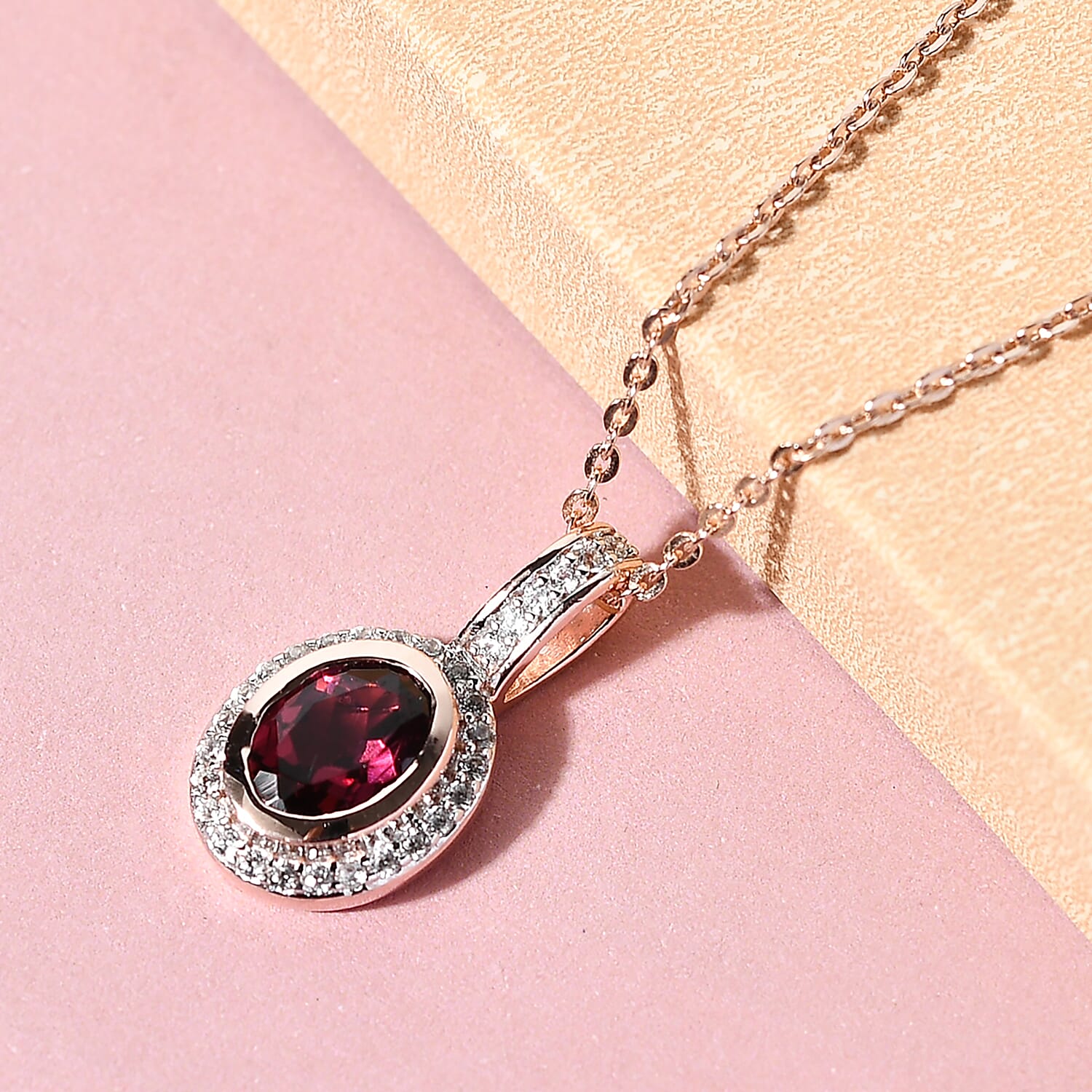 Orissa Rhodolite Garnet and Natural White Zircon Pendant Necklace 20 Inches in Vermeil Rose Gold Over Sterling Silver 1.15 ctw