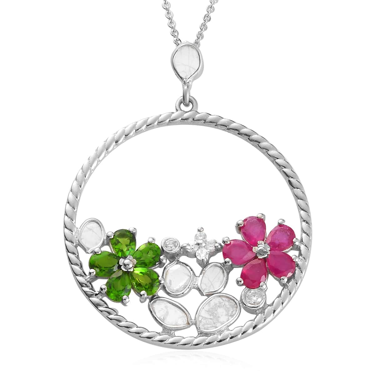 Polki Diamond and Multi Gemstone Flower Pendant Necklace 20 Inches in Platinum Over Sterling Silver 2.40 ctw image number 0