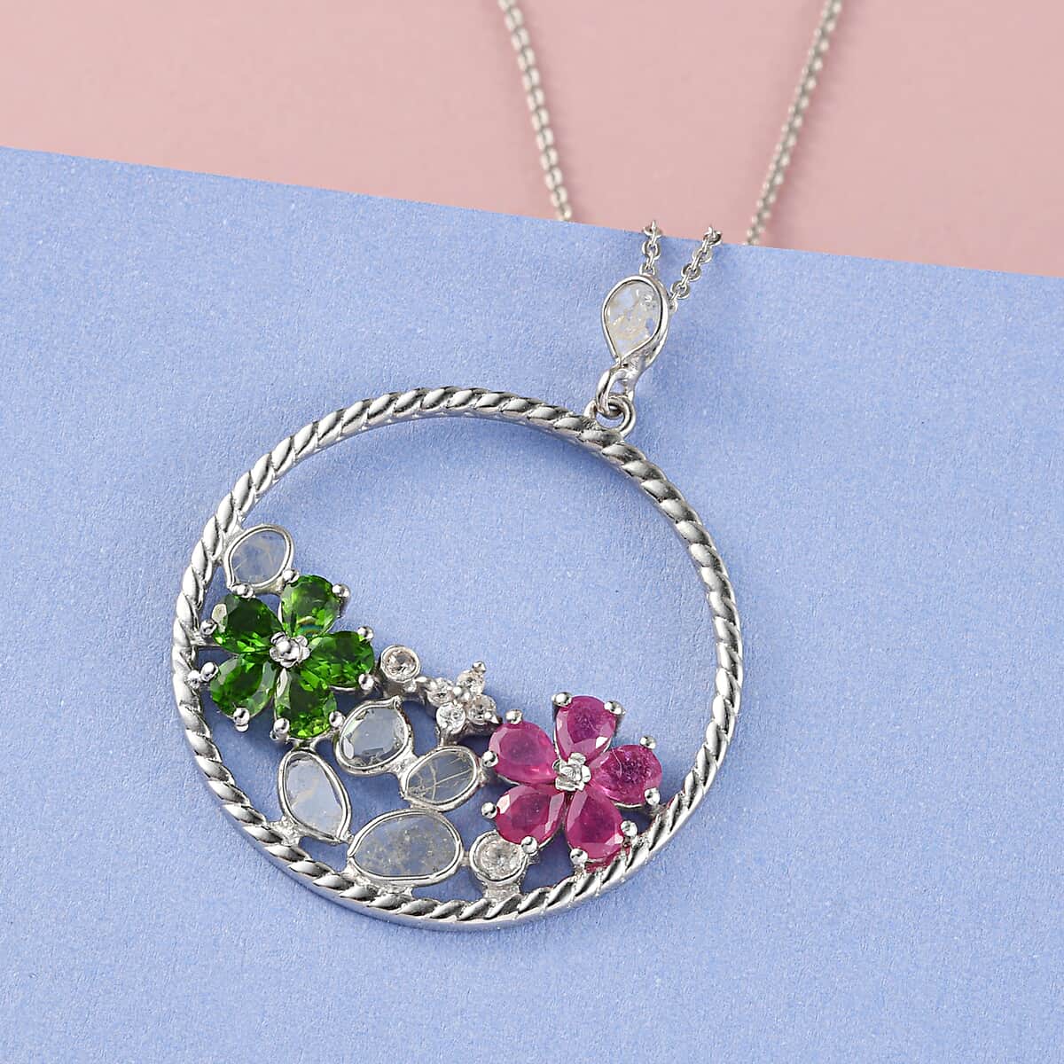 Polki Diamond and Multi Gemstone Flower Pendant Necklace 20 Inches in Platinum Over Sterling Silver 2.40 ctw image number 1