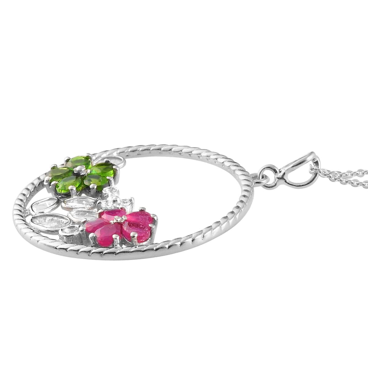 Polki Diamond and Multi Gemstone Flower Pendant Necklace 20 Inches in Platinum Over Sterling Silver 2.40 ctw image number 3