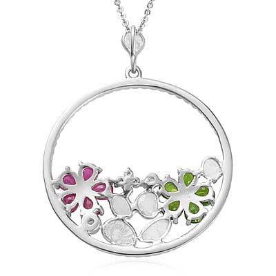 Polki Diamond and Multi Gemstone Flower Pendant Necklace 20 Inches in Platinum Over Sterling Silver 2.40 ctw