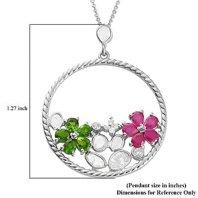 Polki Diamond and Multi Gemstone Flower Pendant Necklace 20 Inches in Platinum Over Sterling Silver 2.40 ctw