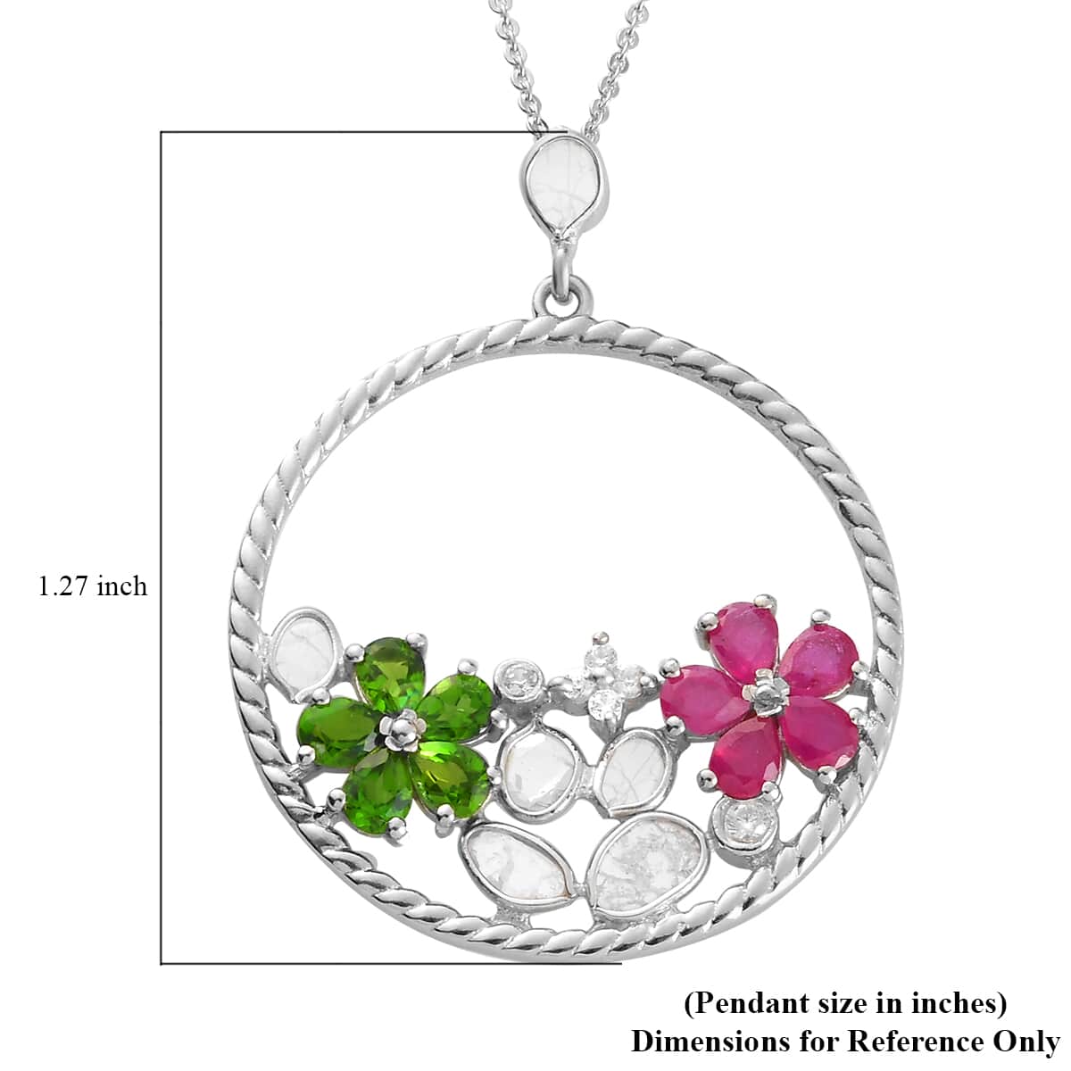 Polki Diamond and Multi Gemstone Flower Pendant Necklace 20 Inches in Platinum Over Sterling Silver 2.40 ctw image number 5