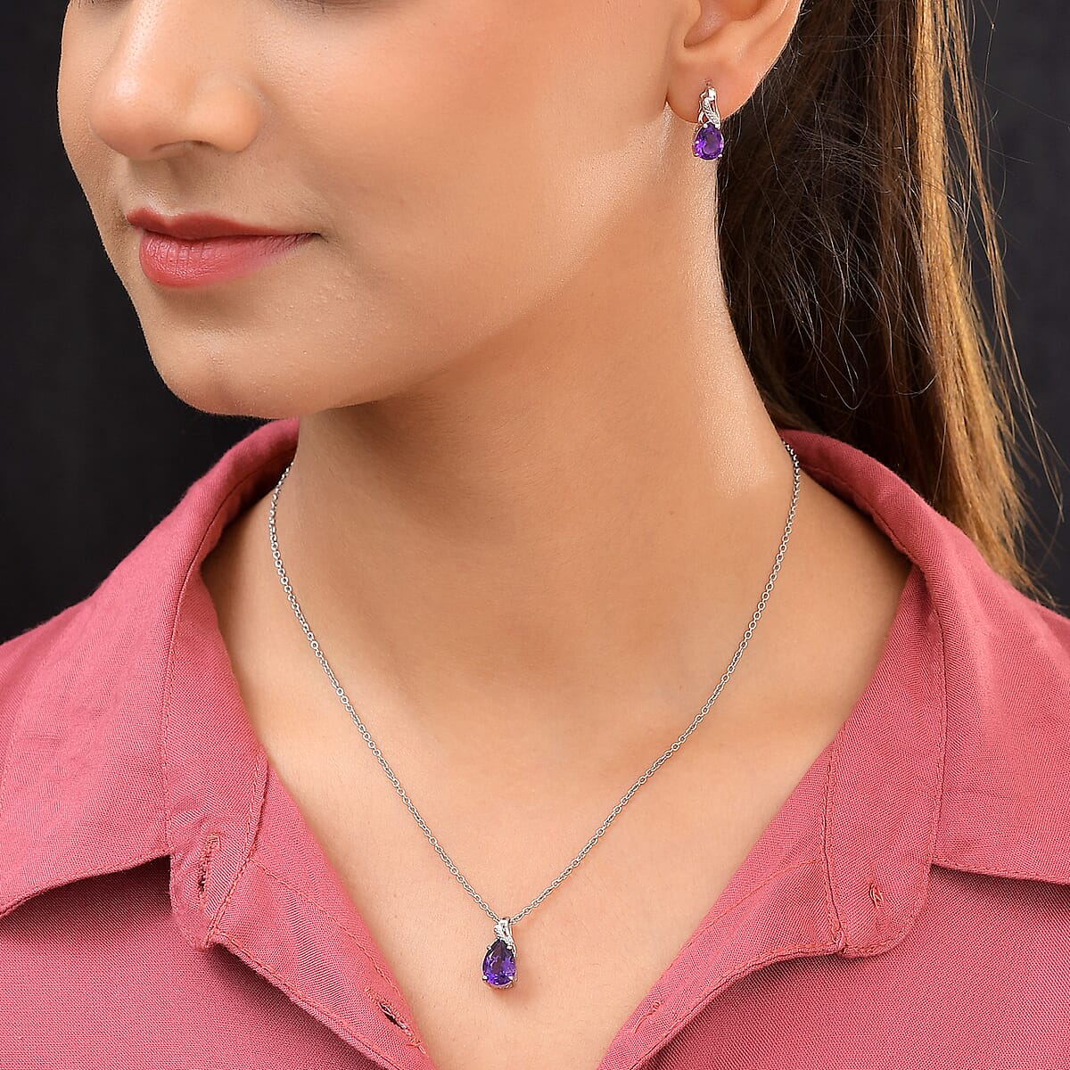 Amethyst Drop Earrings and Pendant Necklace 20 Inches in Platinum Over Sterling Silver and Stainless Steel 3.85 ctw image number 1