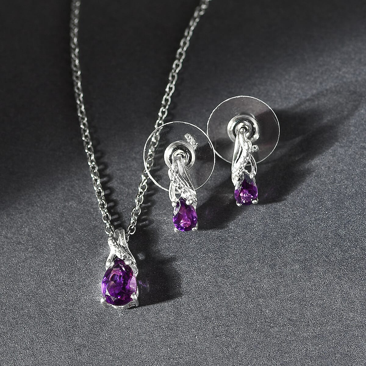 Amethyst Drop Earrings and Pendant Necklace 20 Inches in Platinum Over Sterling Silver and Stainless Steel 3.85 ctw image number 3