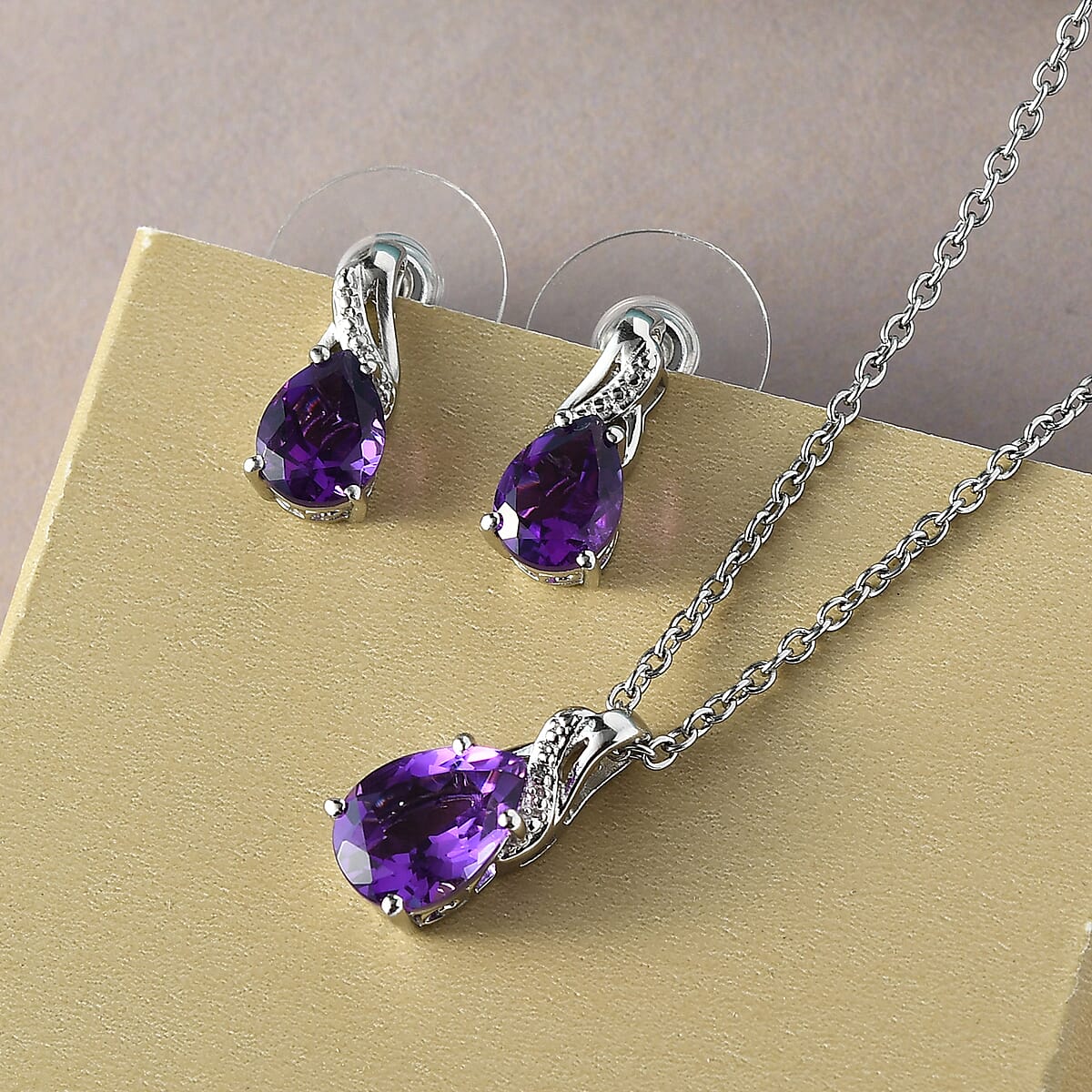 Amethyst Drop Earrings and Pendant Necklace 20 Inches in Platinum Over Sterling Silver and Stainless Steel 3.85 ctw image number 4
