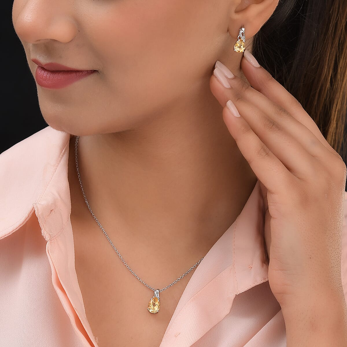 Brazilian Citrine Drop Earrings and Pendant Necklace 20 Inches in Platinum Over Sterling Silver and Stainless Steel 3.75 ctw image number 2