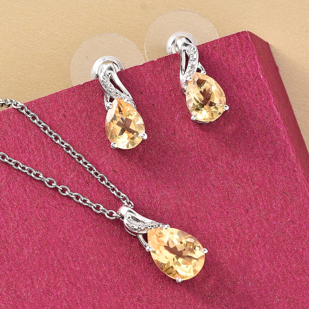 Brazilian Citrine Drop Earrings and Pendant Necklace 20 Inches in Platinum Over Sterling Silver and Stainless Steel 3.75 ctw image number 3