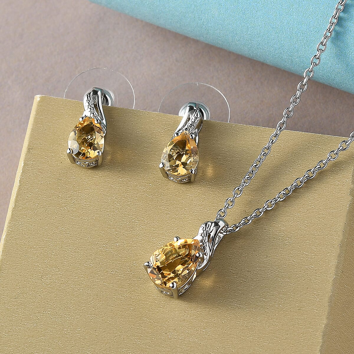 Brazilian Citrine Drop Earrings and Pendant Necklace 20 Inches in Platinum Over Sterling Silver and Stainless Steel 3.75 ctw image number 4