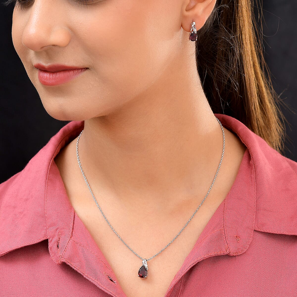 Mozambique Garnet Drop Earrings and Pendant Necklace 20 Inches in Platinum Over Sterling Silver and Stainless Steel 4.60 ctw image number 1