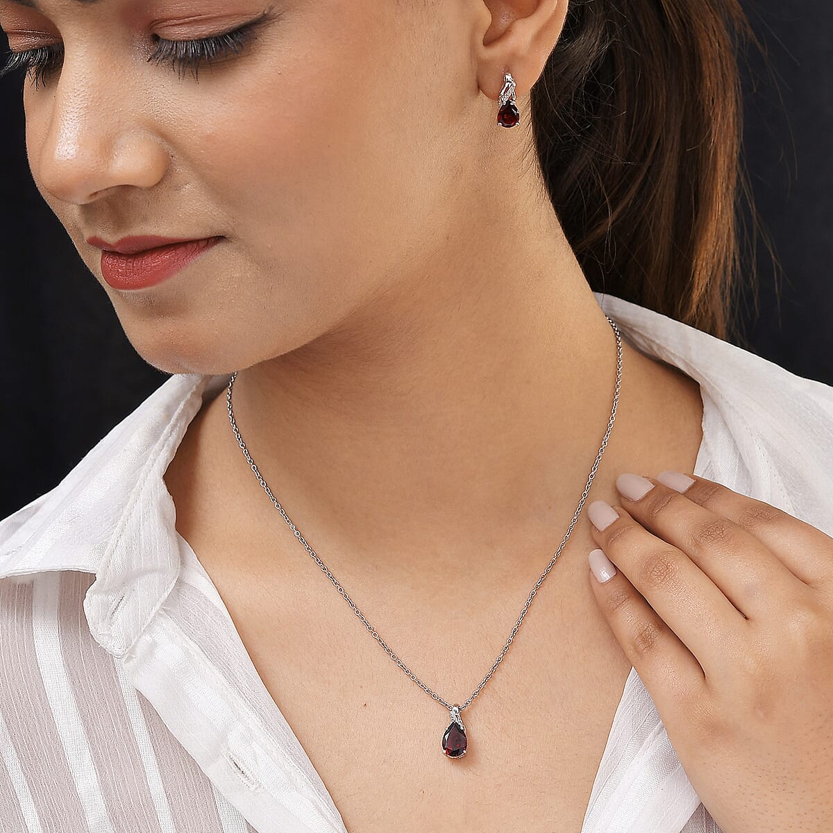 Mozambique Garnet Drop Earrings and Pendant Necklace 20 Inches in Platinum Over Sterling Silver and Stainless Steel 4.60 ctw image number 2