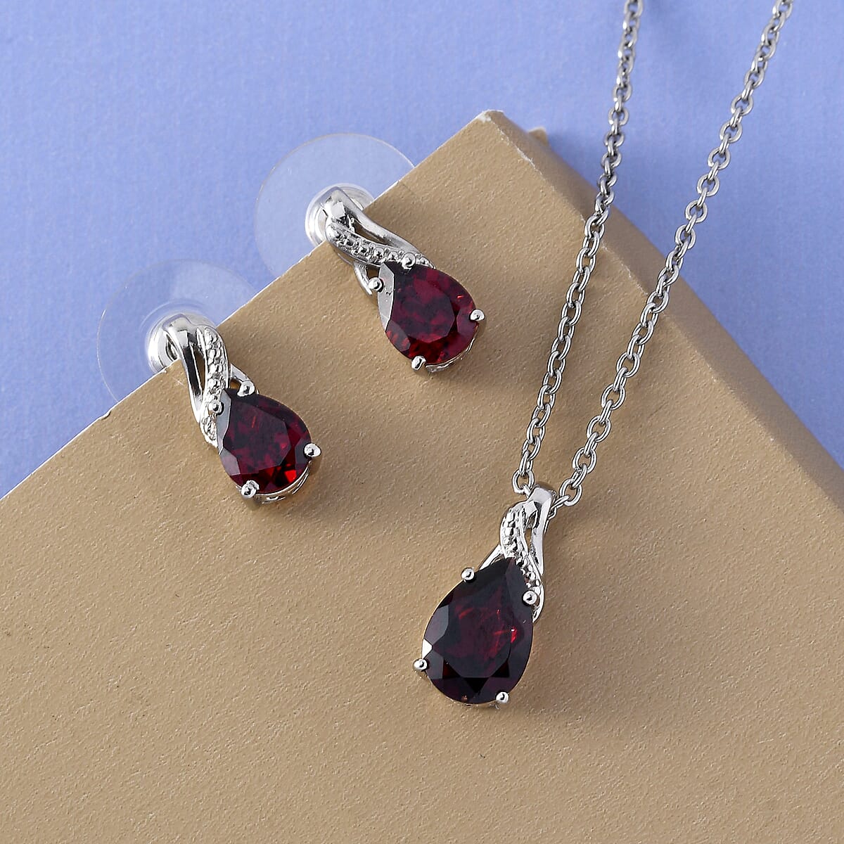 Mozambique Garnet Drop Earrings and Pendant Necklace 20 Inches in Platinum Over Sterling Silver and Stainless Steel 4.60 ctw image number 3