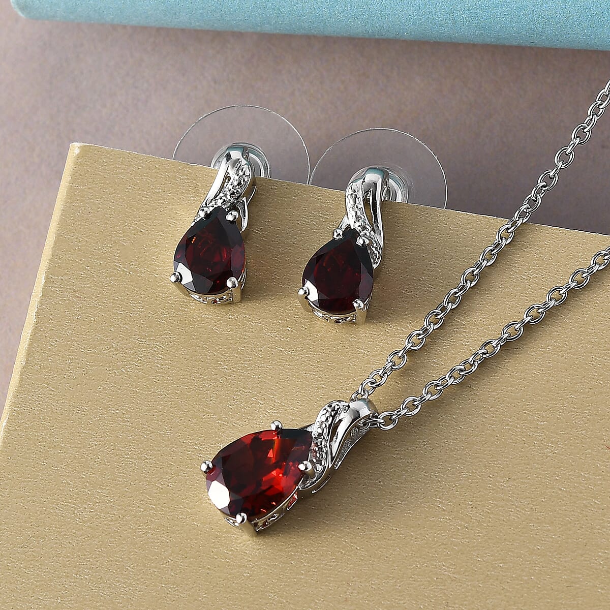 Mozambique Garnet Drop Earrings and Pendant Necklace 20 Inches in Platinum Over Sterling Silver and Stainless Steel 4.60 ctw image number 4