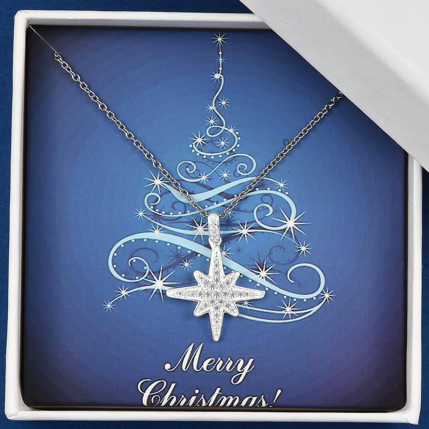 Merry Christmas Jewelry Gift Set with Simulated Diamond Starburst Pendant in Sterling Silver with Stainless Steel Necklace 20In 0.75 ctw