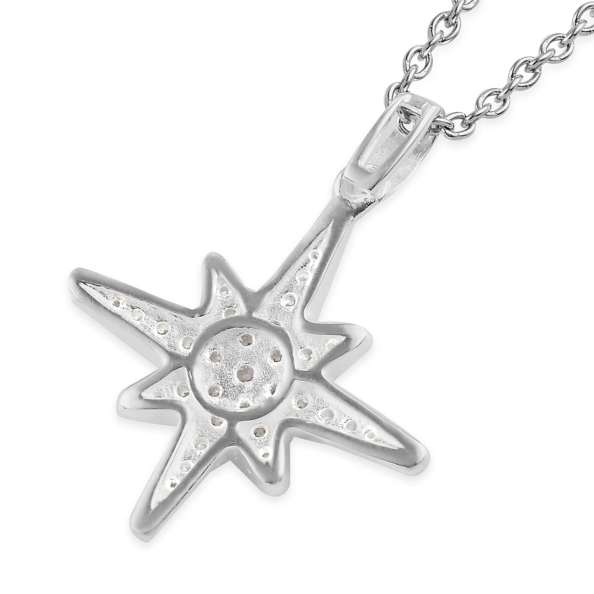 Merry Christmas Jewelry Gift Set with Simulated Diamond Starburst Pendant in Sterling Silver with Stainless Steel Necklace 20In 0.75 ctw