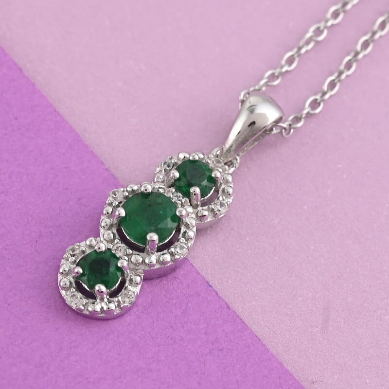 AAA Kagem Emerald and Natural White Zircon Drop Pendant Necklace 18 Inches in Rhodium Over Sterling Silver 0.50 ctw