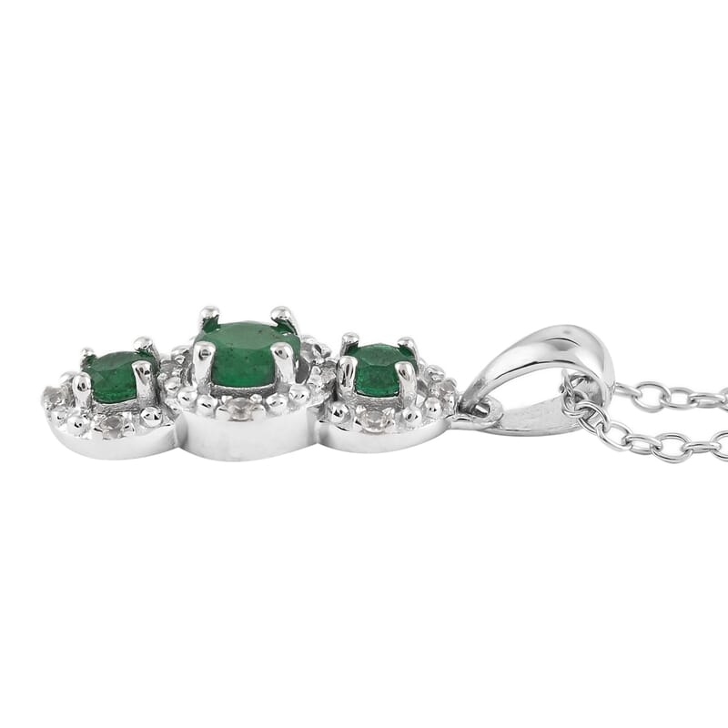 AAA Kagem Emerald and Natural White Zircon Drop Pendant Necklace 18 Inches in Rhodium Over Sterling Silver 0.50 ctw