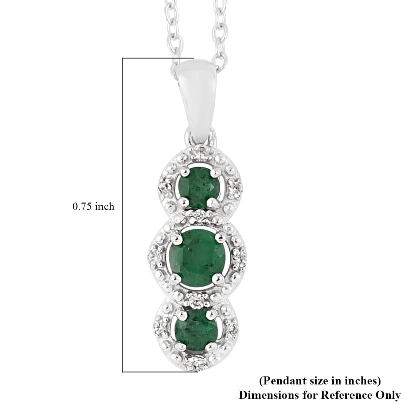 AAA Kagem Emerald and Natural White Zircon Drop Pendant Necklace 18 Inches in Rhodium Over Sterling Silver 0.50 ctw