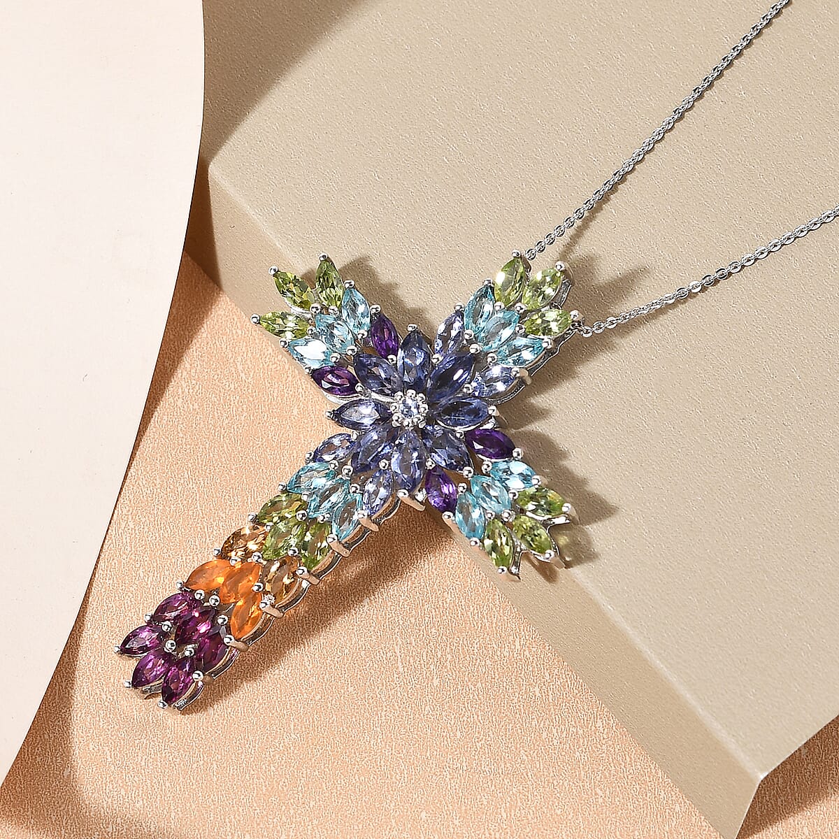 Pendant Cross Floral Spray Necklace 20 Inches in Platinum Over Sterling Silver 10.30 Grams 7.40 ctw image number 1