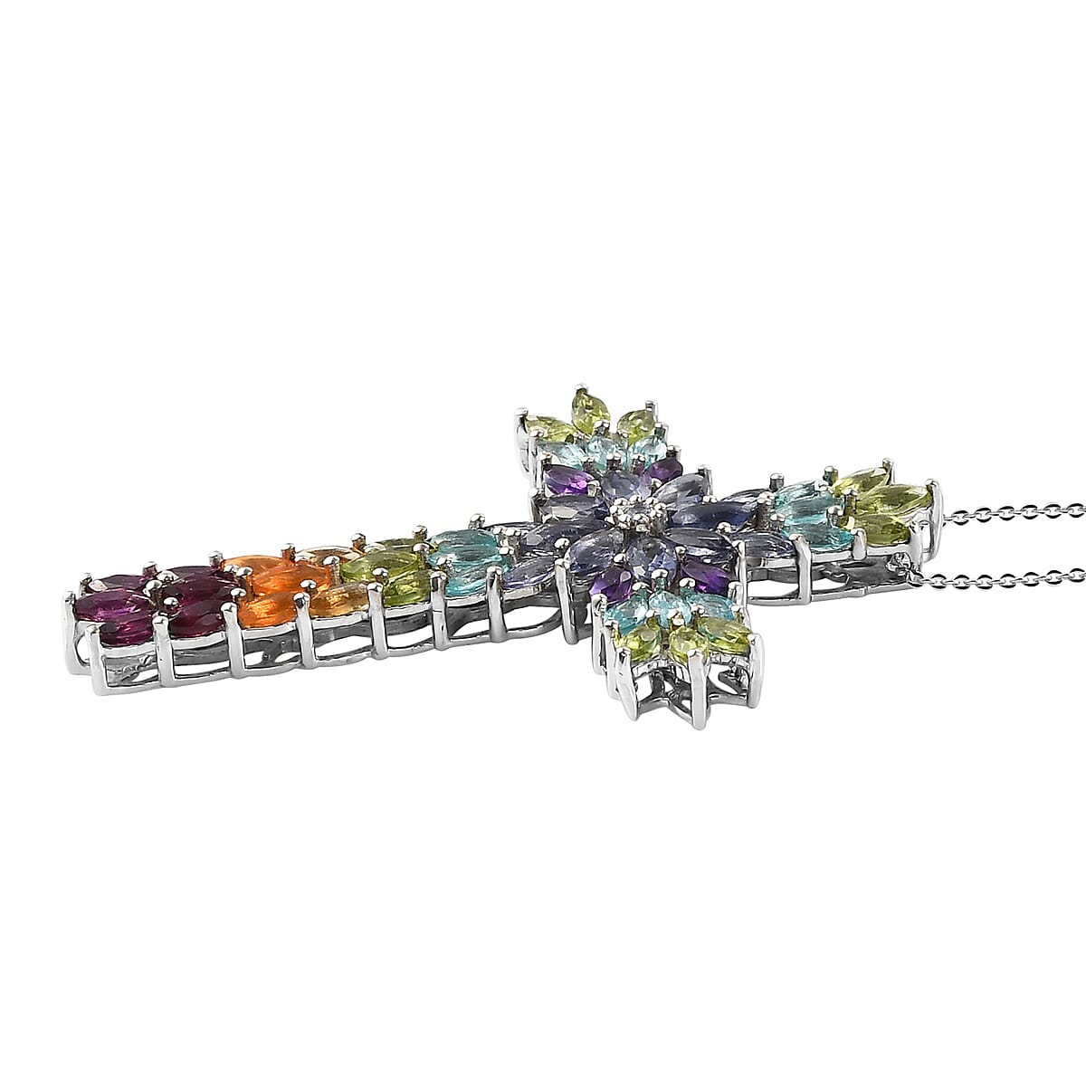 Pendant Cross Floral Spray Necklace 20 Inches in Platinum Over Sterling Silver 10.30 Grams 7.40 ctw image number 3