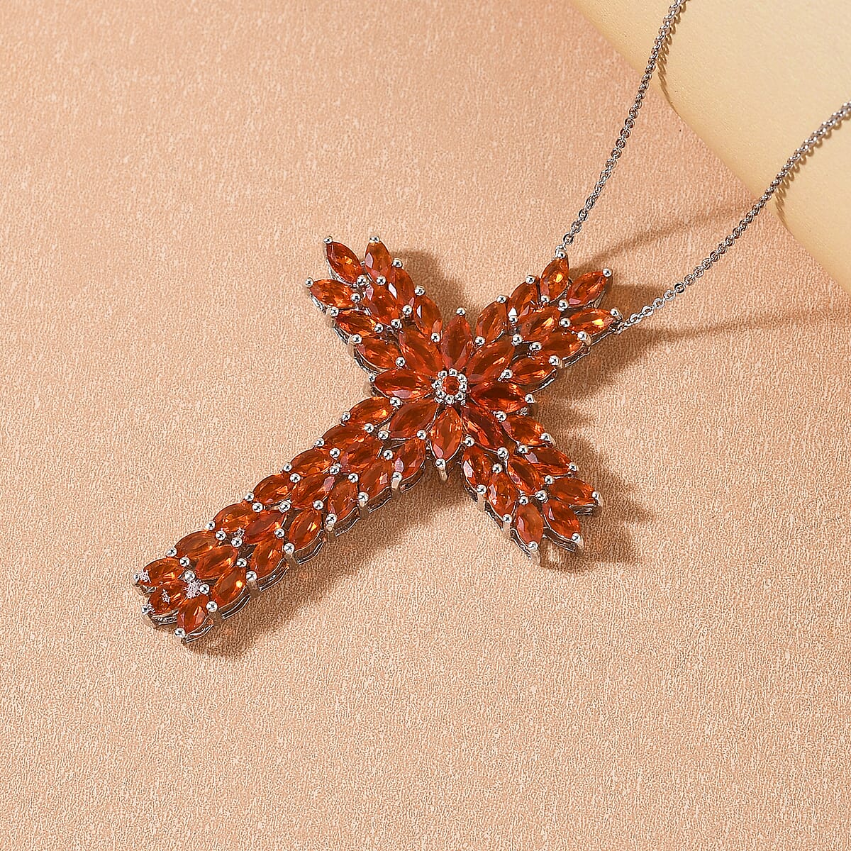 Jalisco Fire Opal Cross Floral Spray Pendant Necklace 20 Inches in Platinum Over Sterling Silver 9.35 Grams 5.50 ctw image number 1