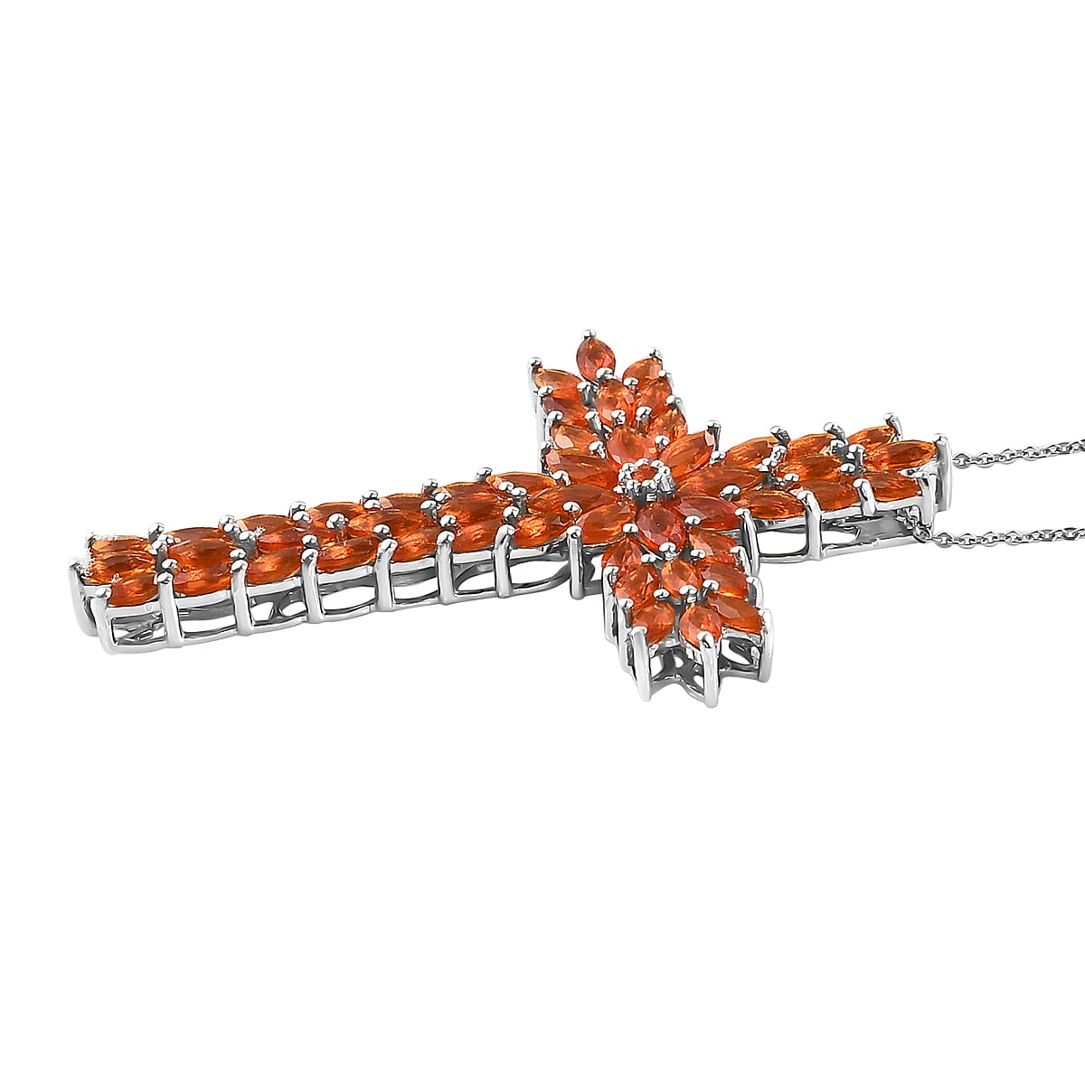 Jalisco Fire Opal Cross Floral Spray Pendant Necklace 20 Inches in Platinum Over Sterling Silver 9.35 Grams 5.50 ctw image number 3