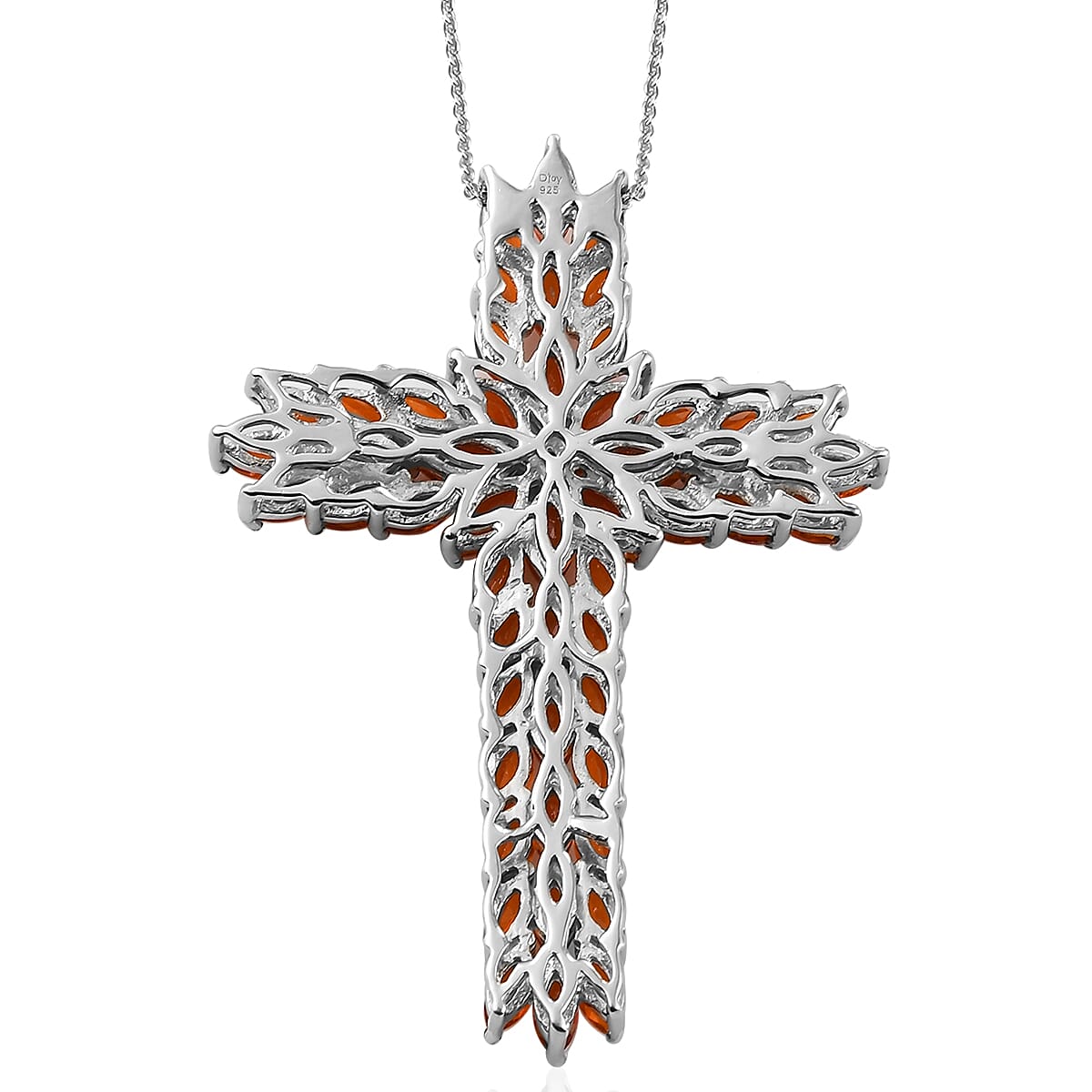 Jalisco Fire Opal Cross Floral Spray Pendant Necklace 20 Inches in Platinum Over Sterling Silver 9.35 Grams 5.50 ctw image number 4