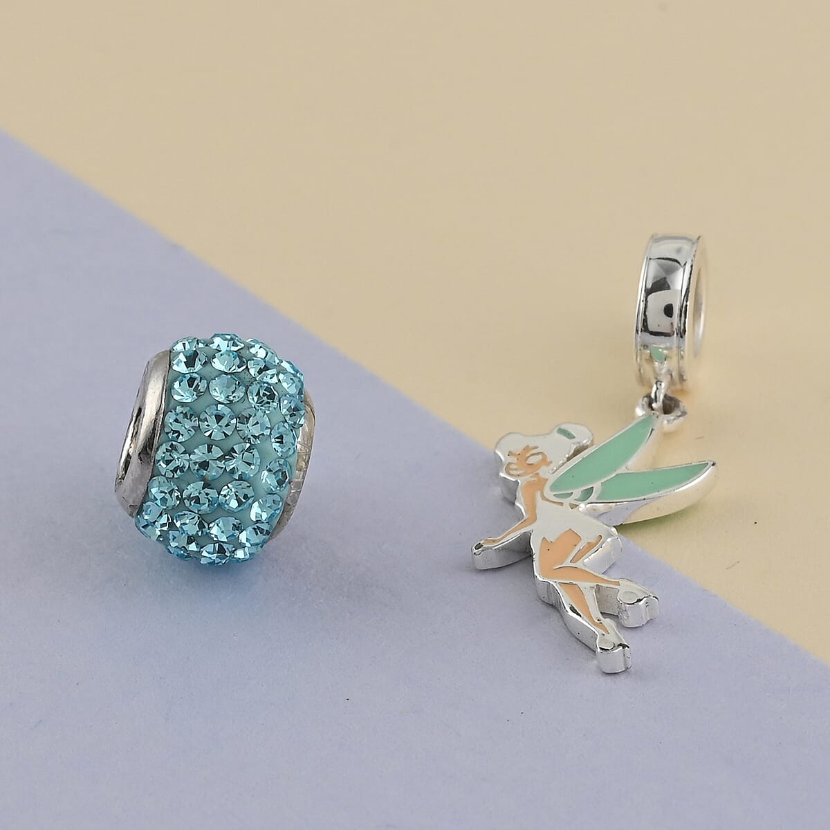 DISNEY Austrian Crystal, Enameled Round Charm and Tinker Bell Pendant in Sterling Silver image number 1