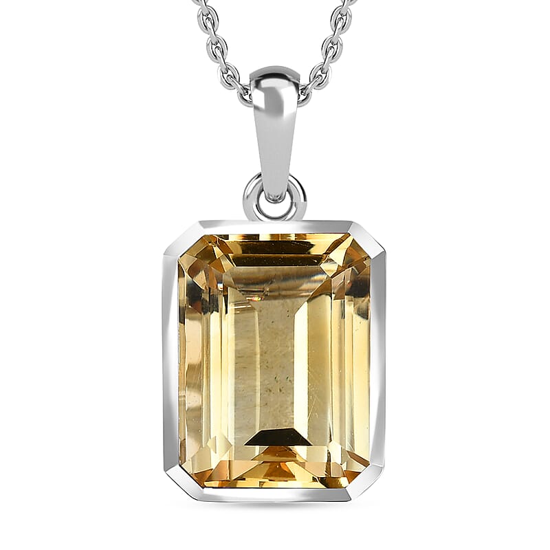 Brazilian Citrine 11.85 ctw Necklace in Platinum Plated Sterling Silver, Silver Solitaire Pendant 20 Inches