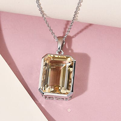 Brazilian Citrine 11.85 ctw Necklace in Platinum Plated Sterling Silver, Silver Solitaire Pendant 20 Inches