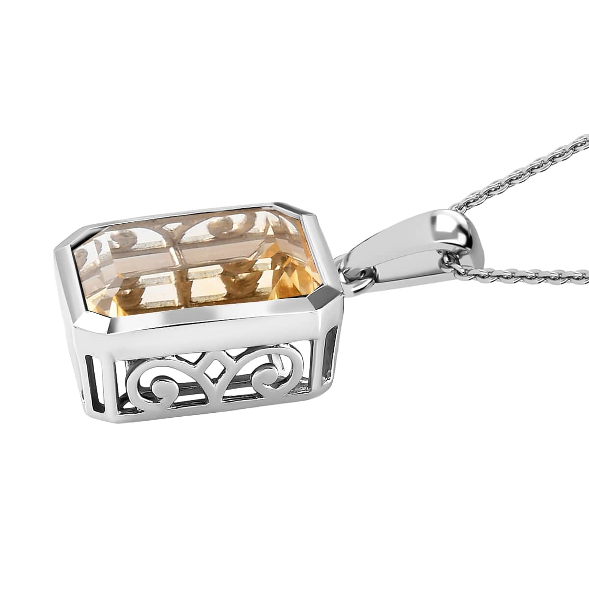 Brazilian Citrine Necklace in Platinum Plated Sterling Silver, Silver Solitaire Pendant (20 Inches) 11.85 ctw image number 3