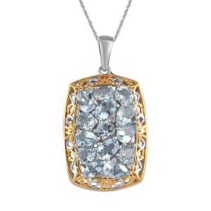 Premium Mangoro Aquamarine and Zircon Cluster Pendant Necklace 20 Inches in Vermeil YG and Platinum Over Sterling Silver 5.75 ctw