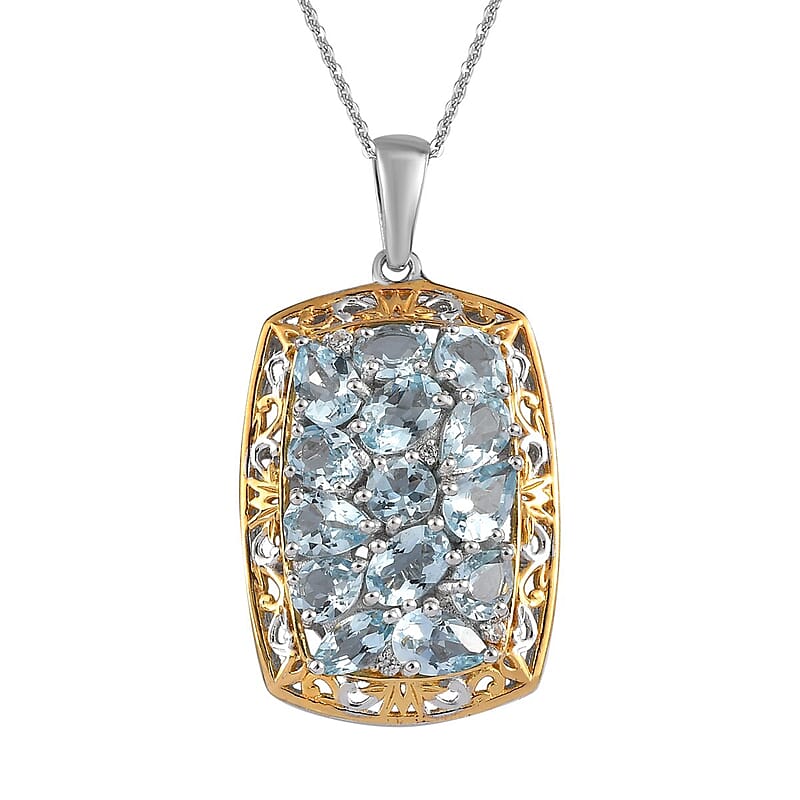 Premium Mangoro Aquamarine and Zircon Cluster Pendant Necklace 20 Inches in Vermeil YG and Platinum Over Sterling Silver 5.75 ctw