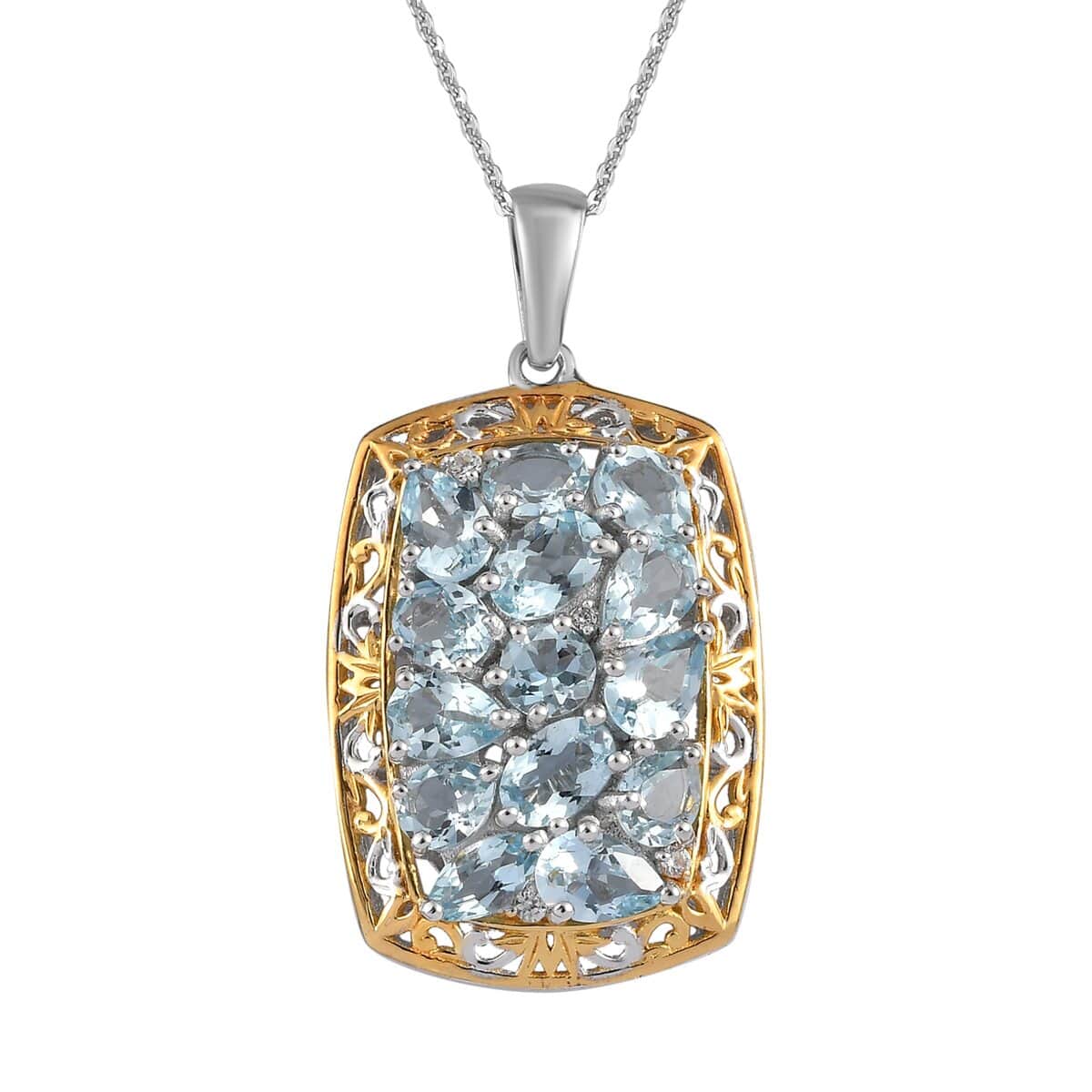 Premium Mangoro Aquamarine and Zircon Cluster Pendant Necklace 20 Inches in Vermeil YG and Platinum Over Sterling Silver 5.75 ctw image number 0