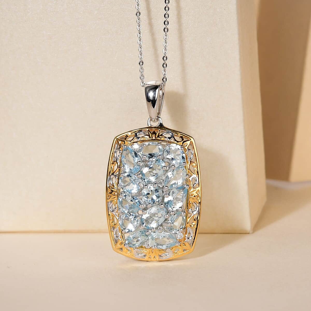 Premium Mangoro Aquamarine and Zircon Cluster Pendant Necklace 20 Inches in Vermeil YG and Platinum Over Sterling Silver 5.75 ctw image number 1