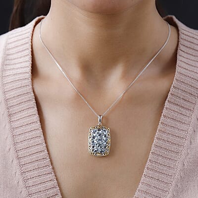 Premium Mangoro Aquamarine and Zircon Cluster Pendant Necklace 20 Inches in Vermeil YG and Platinum Over Sterling Silver 5.75 ctw