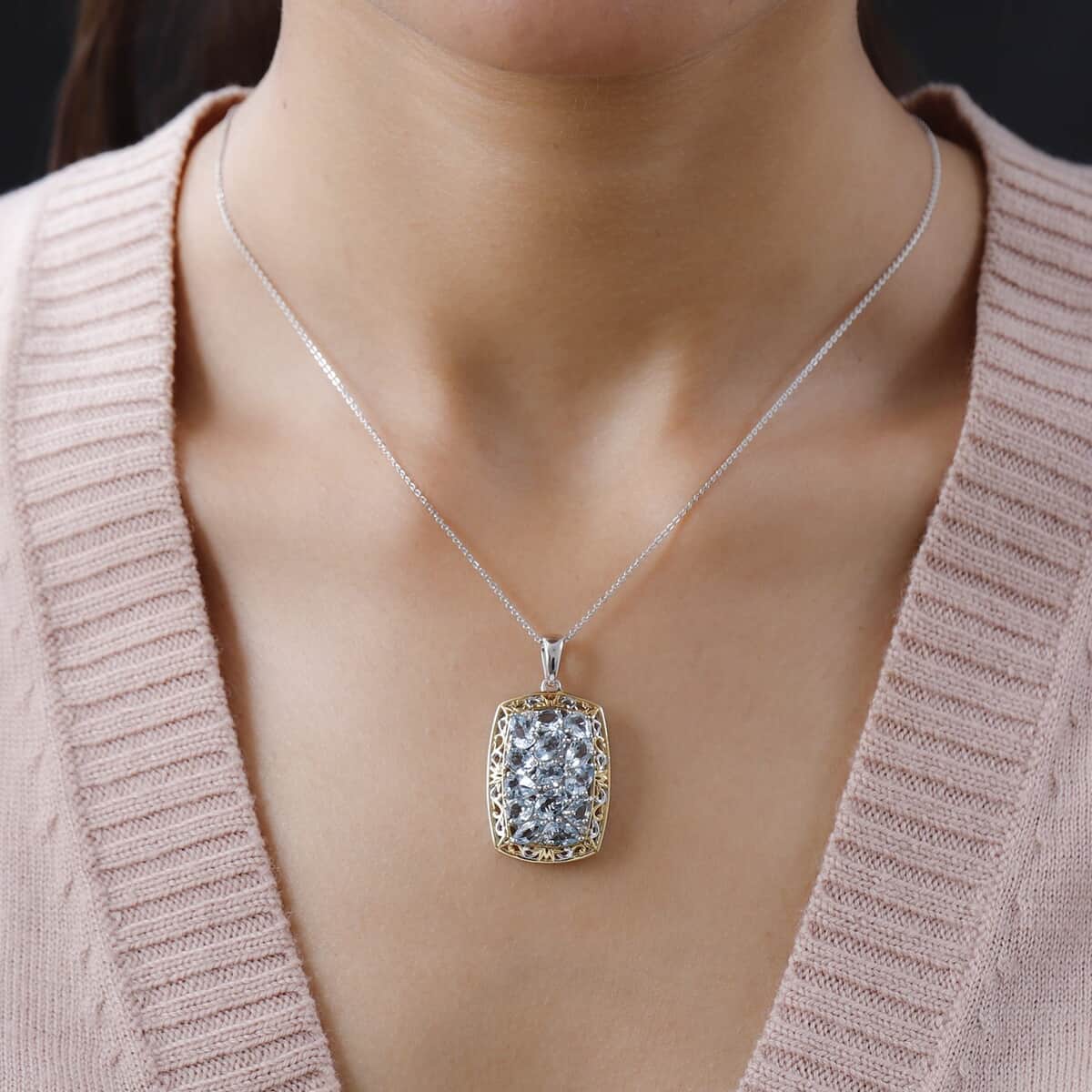 Premium Mangoro Aquamarine and Zircon Cluster Pendant Necklace 20 Inches in Vermeil YG and Platinum Over Sterling Silver 5.75 ctw image number 2