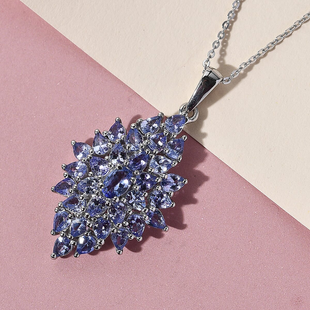 Tanzanite Elongated Cluster Pendant Necklace 20 Inches in Platinum Over Sterling Silver 4.60 ctw image number 1