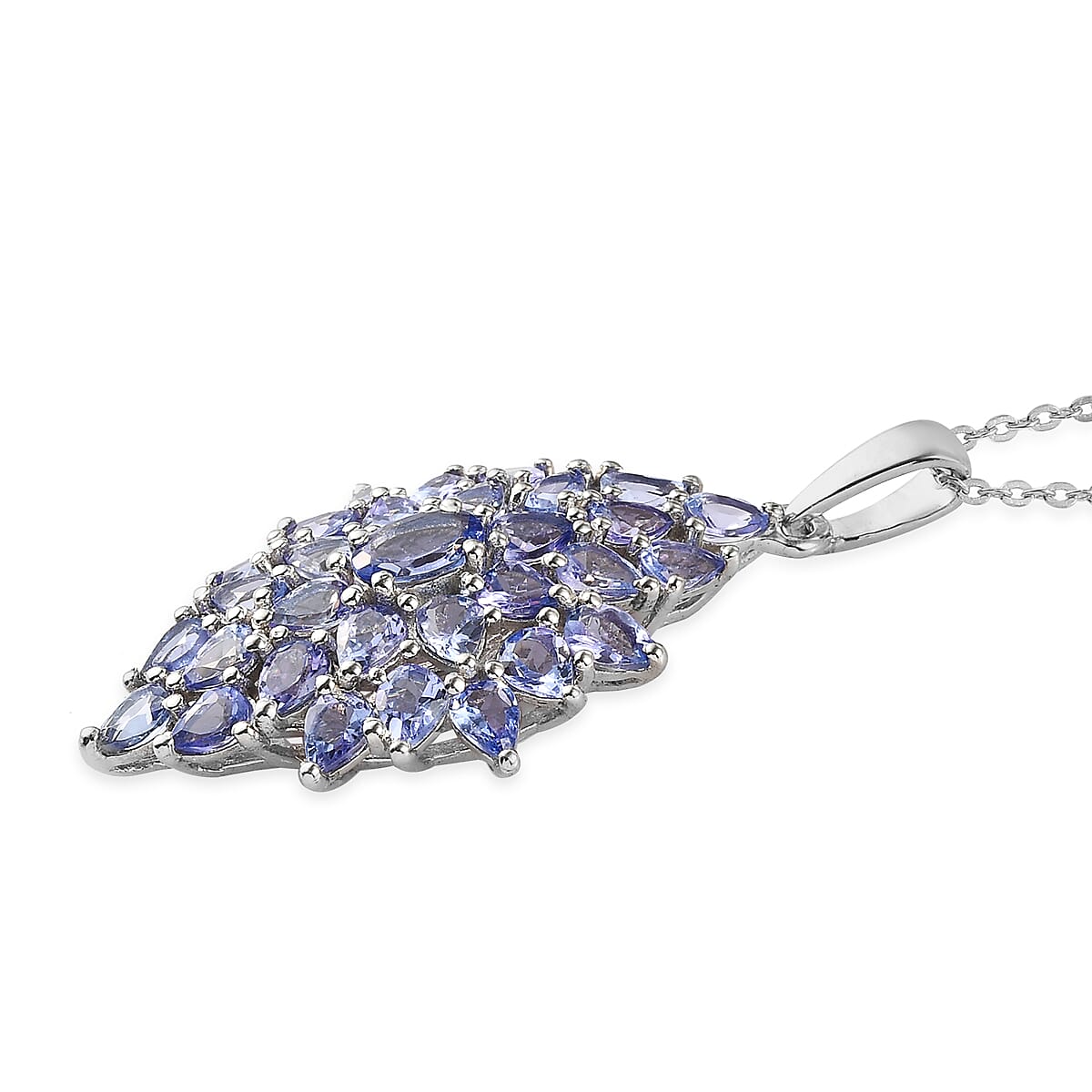 Tanzanite Elongated Cluster Pendant Necklace 20 Inches in Platinum Over Sterling Silver 4.60 ctw image number 3