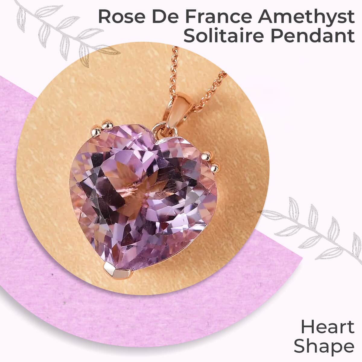 Rose De France Amethyst Heart Solitaire Pendant Necklace 20 Inches in Vermeil Rose Gold Over Sterling Silver 17.15 ctw-129.99 image number 1