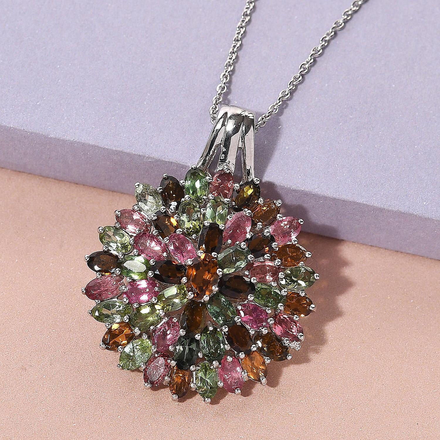 Multi-Tourmaline Floral Pendant Necklace 20 Inches in Platinum Over Sterling Silver 10.15 Grams 12.00 ctw