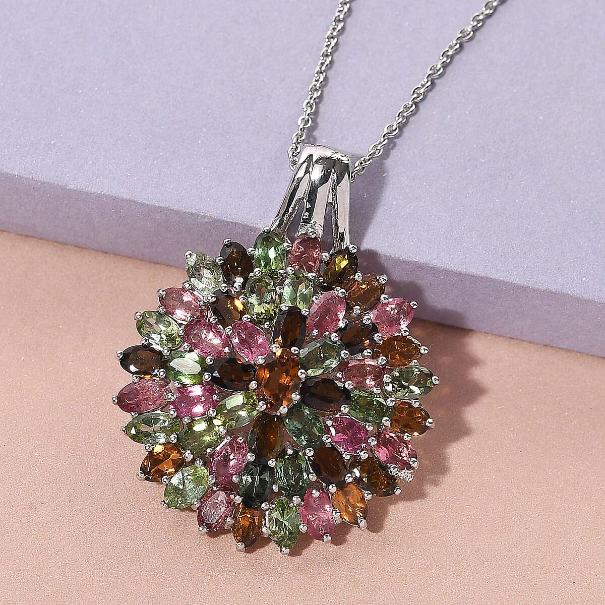 Multi-Tourmaline Floral Pendant Necklace 20 Inches in Platinum Over Sterling Silver 10.15 Grams 12.00 ctw image number 1