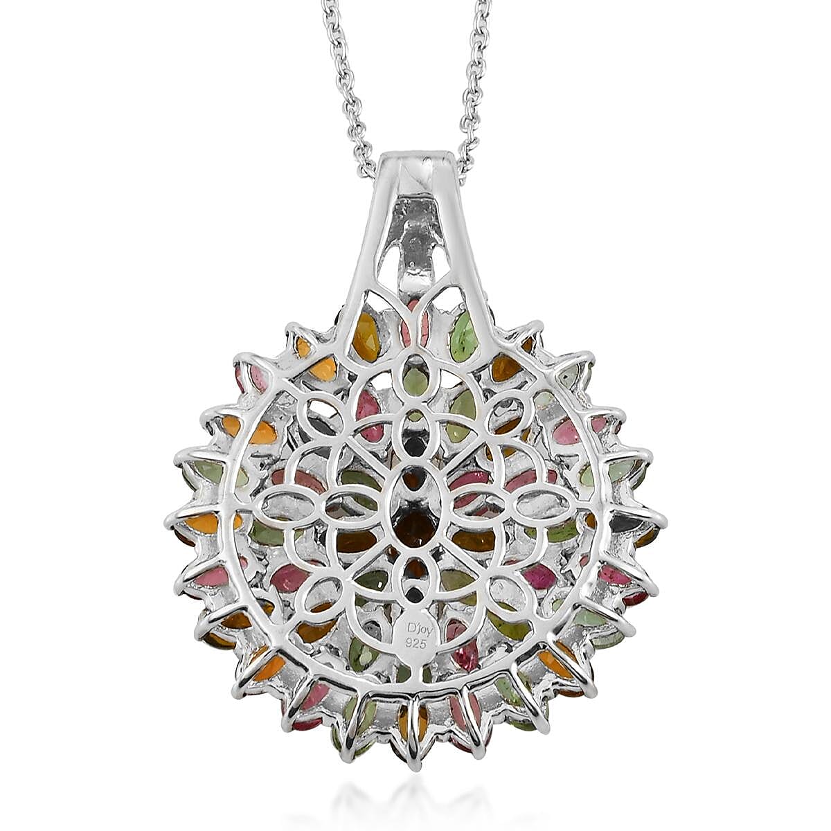 Multi-Tourmaline Floral Pendant Necklace 20 Inches in Platinum Over Sterling Silver 10.15 Grams 12.00 ctw