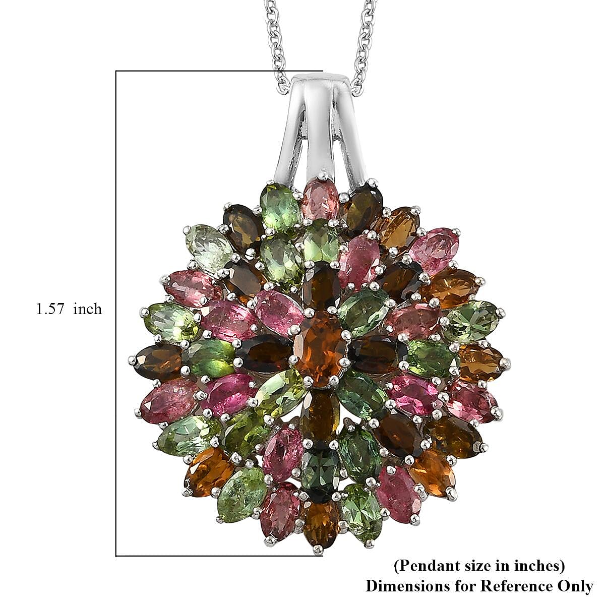 Multi-Tourmaline Floral Pendant Necklace 20 Inches in Platinum Over Sterling Silver 10.15 Grams 12.00 ctw