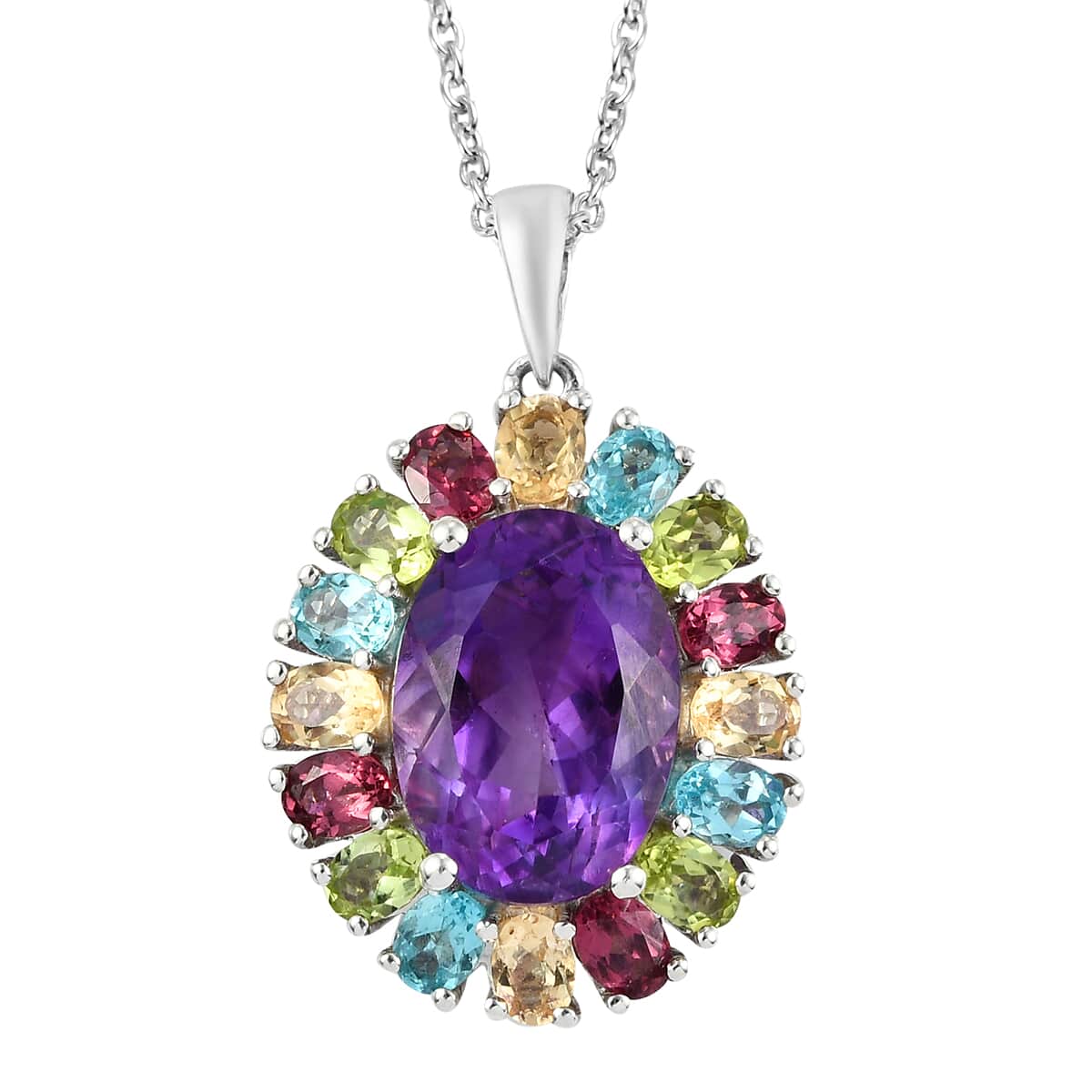 Moroccan Amethyst and Multi Gemstone Rainbow Cocktail Pendant Necklace 20 Inches in Platinum Over Sterling Silver 8.90 ctw image number 0