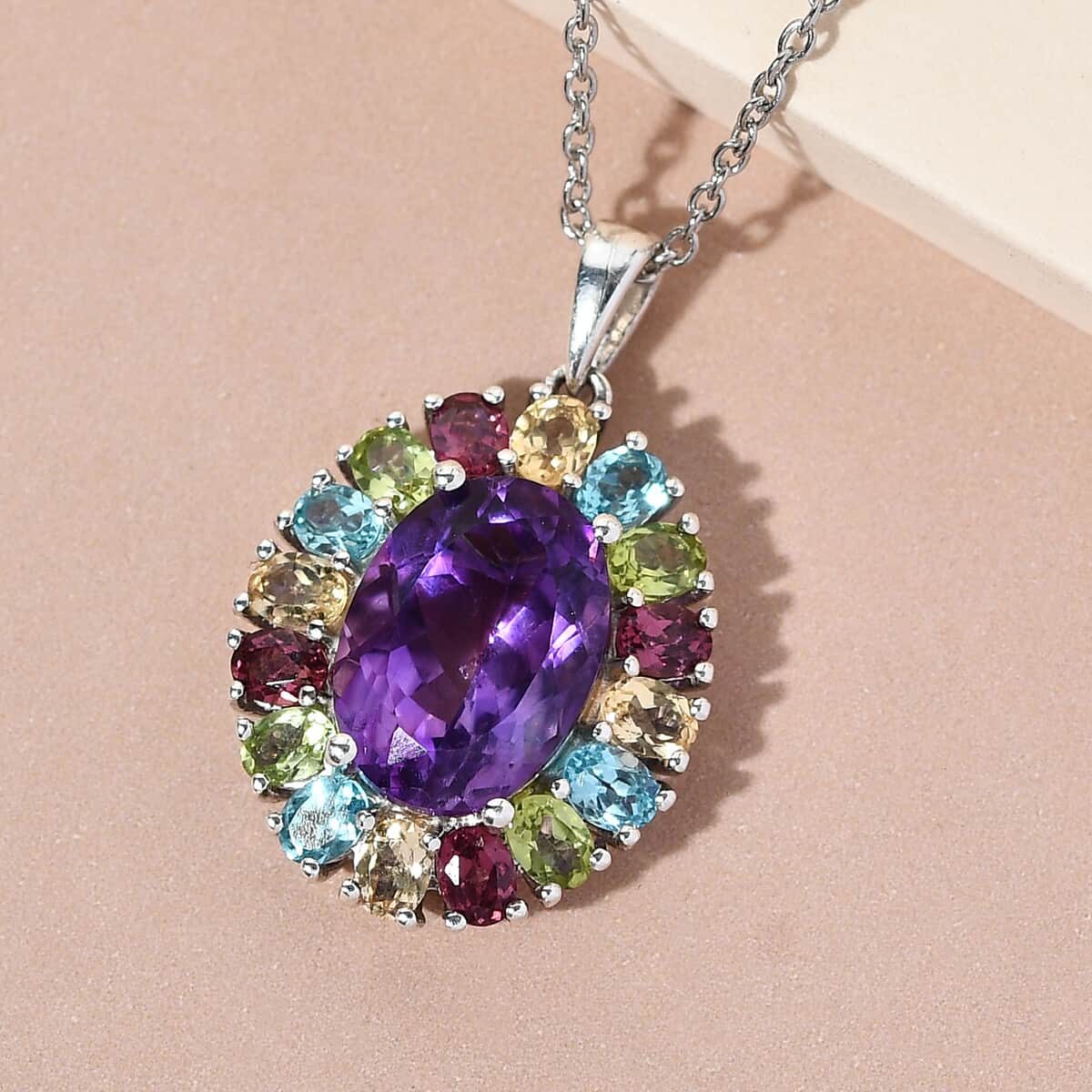 Moroccan Amethyst and Multi Gemstone Rainbow Cocktail Pendant Necklace 20 Inches in Platinum Over Sterling Silver 8.90 ctw image number 1