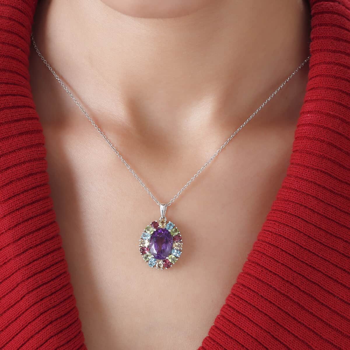 Moroccan Amethyst and Multi Gemstone Rainbow Cocktail Pendant Necklace 20 Inches in Platinum Over Sterling Silver 8.90 ctw image number 2