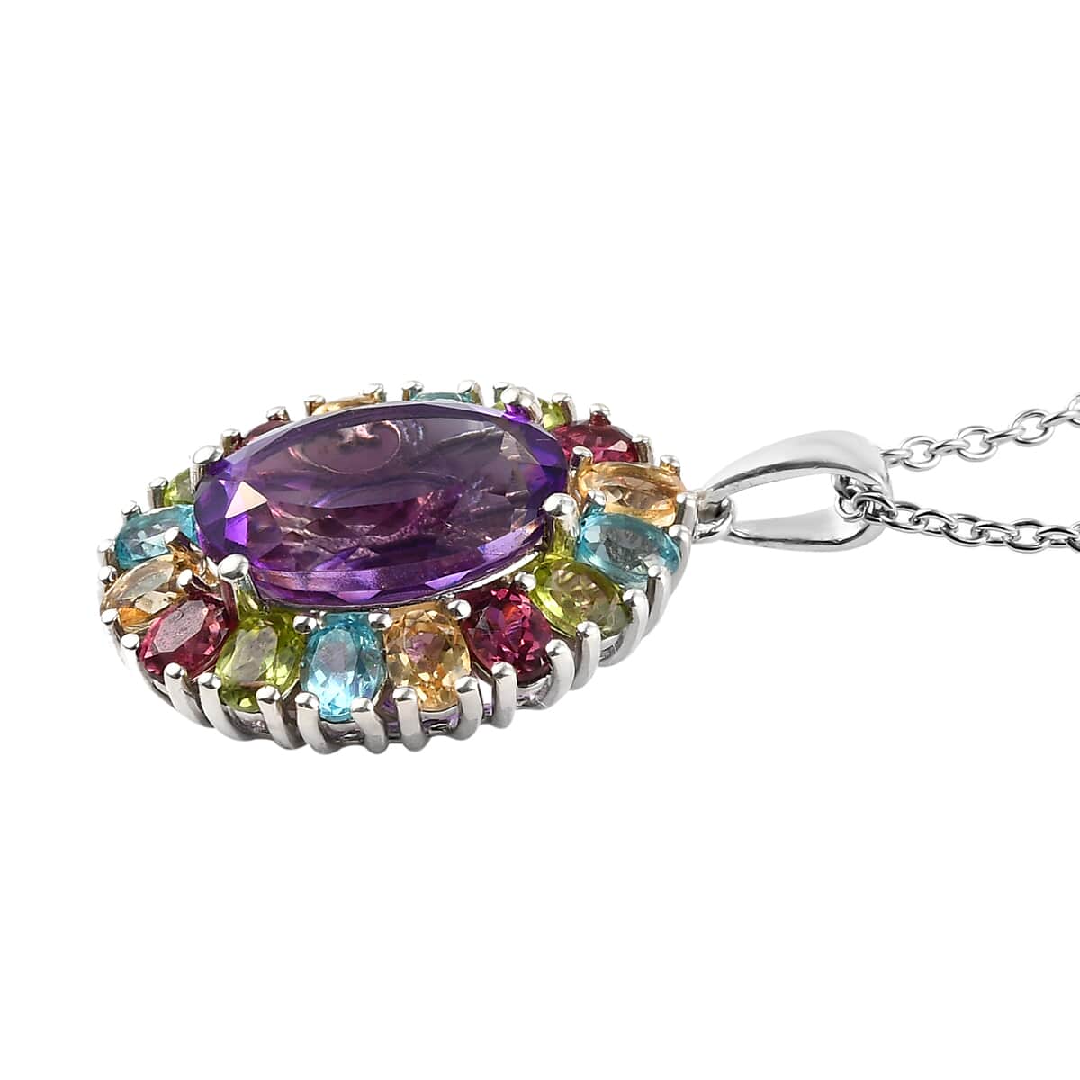Moroccan Amethyst and Multi Gemstone Rainbow Cocktail Pendant Necklace 20 Inches in Platinum Over Sterling Silver 8.90 ctw image number 3