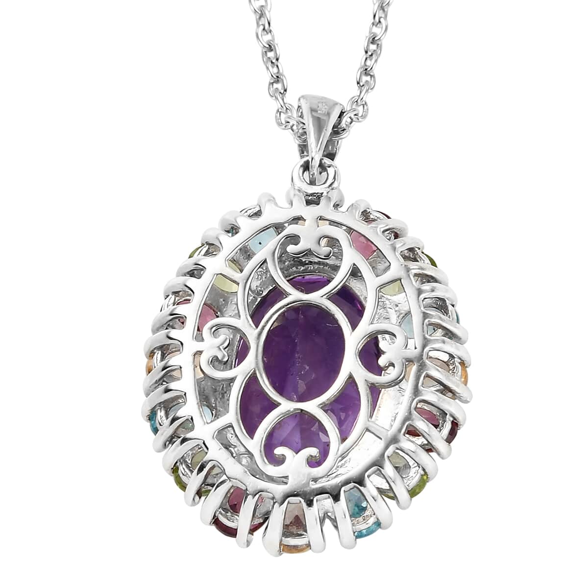 Moroccan Amethyst and Multi Gemstone Rainbow Cocktail Pendant Necklace 20 Inches in Platinum Over Sterling Silver 8.90 ctw image number 4