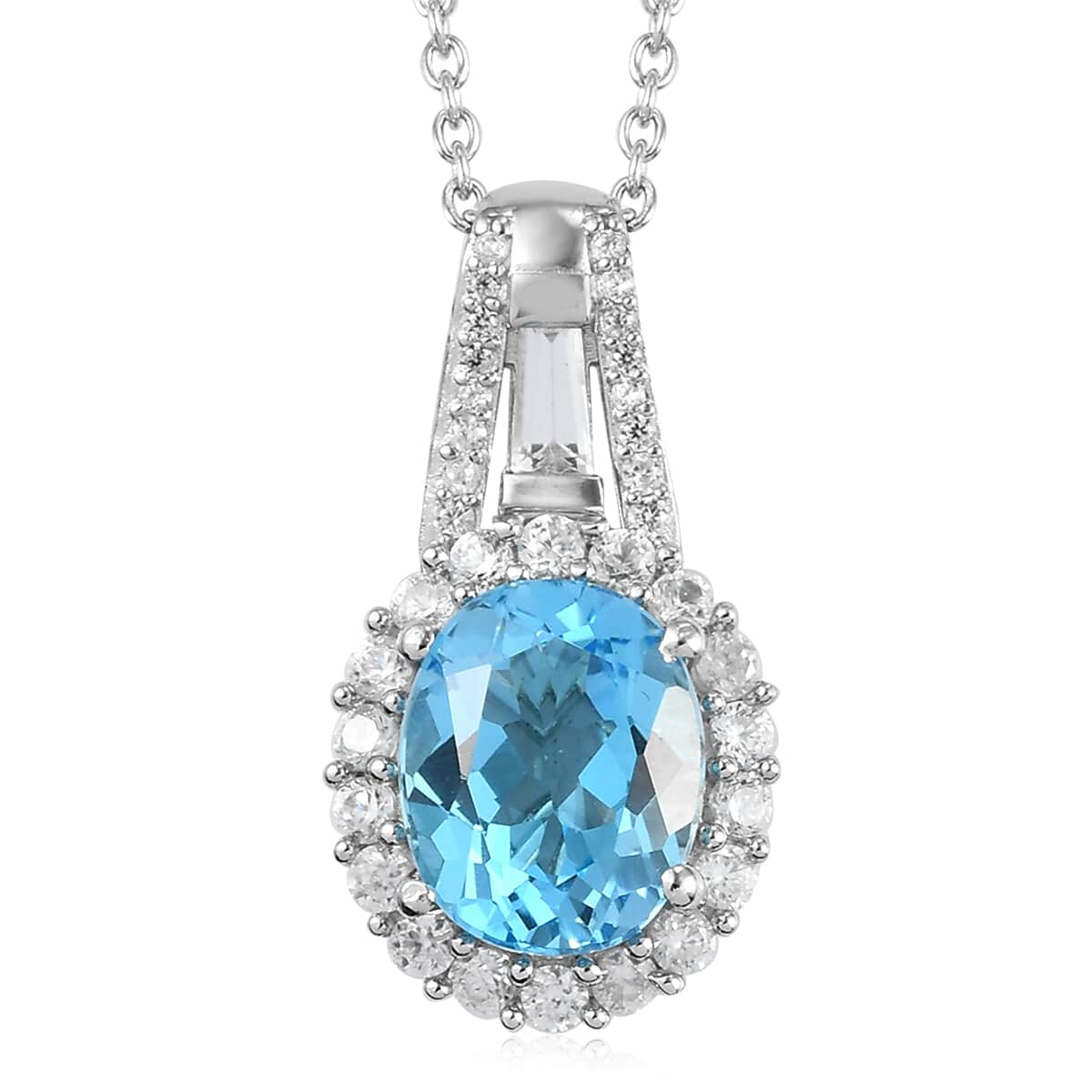 Electric Blue Topaz, Natural White Zircon Pendant Necklace 20 Inches in Platinum Over Sterling Silver 5.80 ctw image number 0